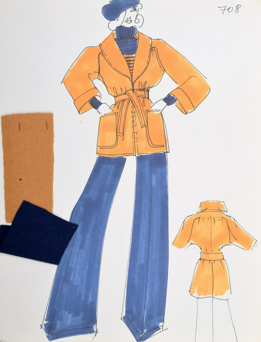 Karl Lagerfeld Fashion Drawing: Designer & Manufacturer: Karl Lagerfeld (1933-2019) Markings/Notes: marking(s) Country of Origin & Materials: German; paper, fabric samples Dimensions(H,W,D): 12.75"h, 9.75"w Additional Information:<