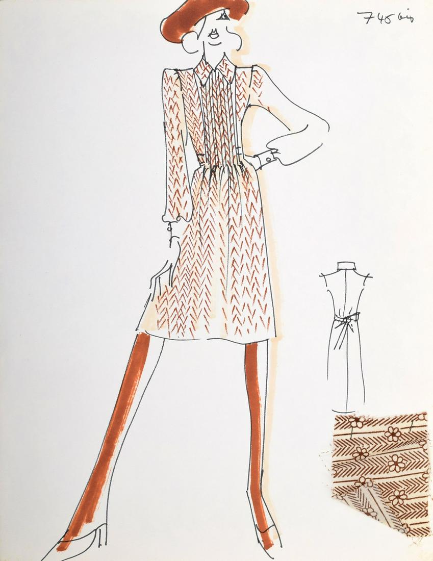 Karl Lagerfeld Fashion Drawing: Designer & Manufacturer: Karl Lagerfeld (1933-2019) Markings/Notes: marking(s) Country of Origin & Materials: German; paper, fabric sample Dimensions(H,W,D): 12.75"h, 9.75"w Additional Information:</
