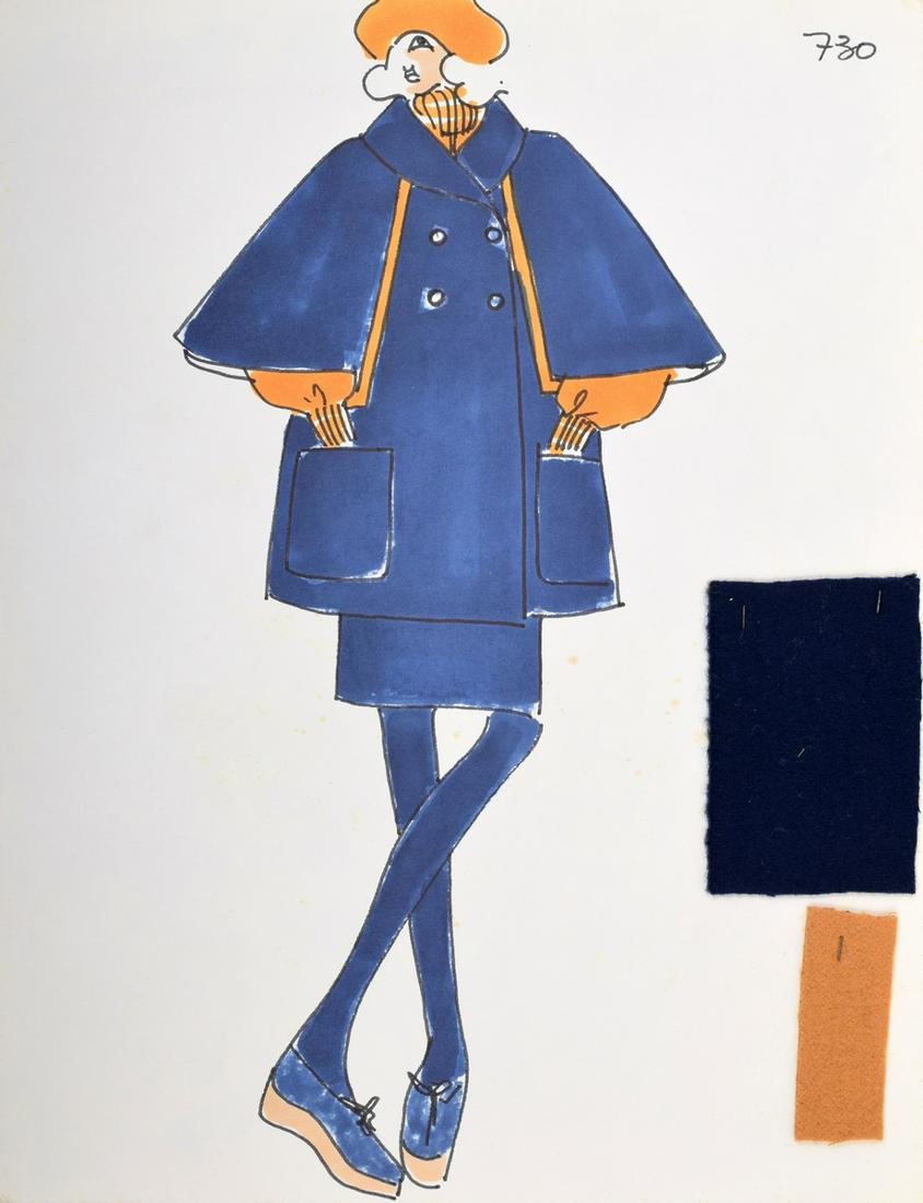 Karl Lagerfeld Fashion Drawing: Designer & Manufacturer: Karl Lagerfeld (1933-2019) Markings/Notes: marking(s) Country of Origin & Materials: German; paper, fabric samples Dimensions(H,W,D): 12.75"h, 9.75"w Additional Information:<