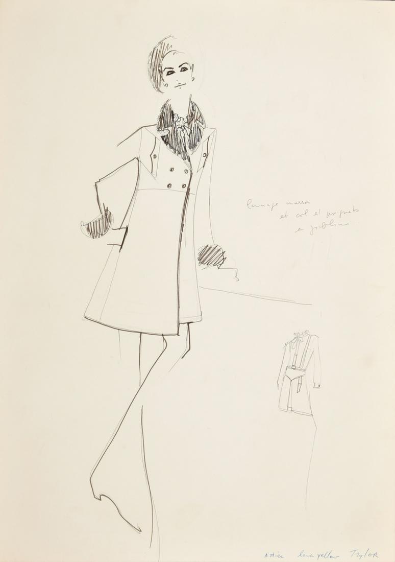 Karl Lagerfeld Fashion Drawing: Designer & Manufacturer: Karl Lagerfeld (1933-2019) Markings/Notes: marking(s) Country of Origin & Materials: German; card stock Dimensions(H,W,D): 20"h, 14.25"w Additional Information: Fashion d