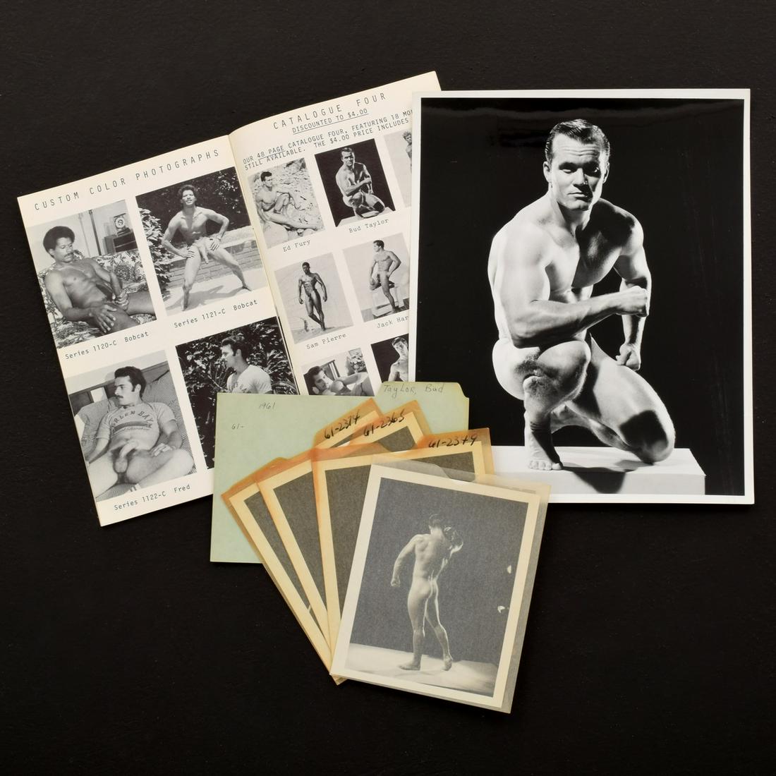 5 Bruce Bellas Nude Male Photos, Negatives, & Catalog: Designer & Manufacturer: Bruce Bellas (1909-1974), aka Bruce of Los Angeles Markings/Notes: Marking(s); sleeves numbered 61-2349, 61-2365, 61-2374 (one unmarked); divider dated 1961. Some lots in this