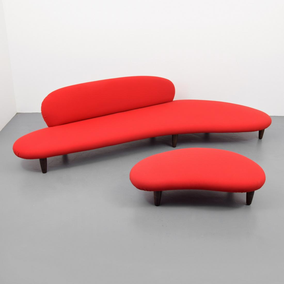 Isamu Noguchi "Freeform" Sofa & Ottoman: Designer & Manufacturer: Isamu Noguchi; Vitra Markings/Notes: Vitra Design Museum label, marking(s); 2002 Country of Origin & Materials: Germany; wood, upholstery Dimensions(H,W,D): sofa: 30"h, 114"w,