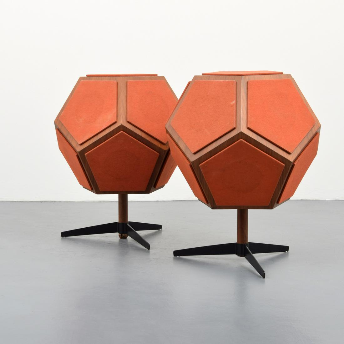 Pair of George Sioles "D12" Speakers: Designer & Manufacturer: George Sioles; Design Acoustics Markings/Notes: Design Acoustics label; 1973 Country of Origin & Materials: USA; wood, metal, other Dimensions(H,W,D): 31"h, 24"dia Additional