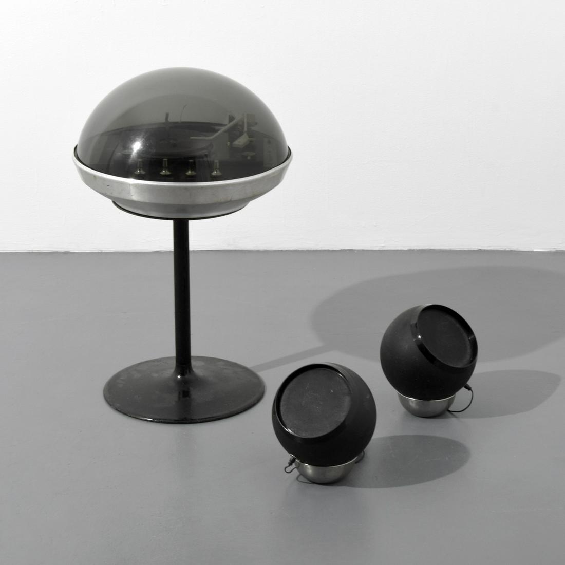 Electrohome Apollo Turntable, Speakers & Stand: Designer & Manufacturer: Electrohome Markings/Notes: marking(s) Country of Origin & Materials: USA; metal, enameled metal, plastic Dimensions(H,W,D): turntable/stand: 28.25"h, 17"dia; speakers: 9.5"h,