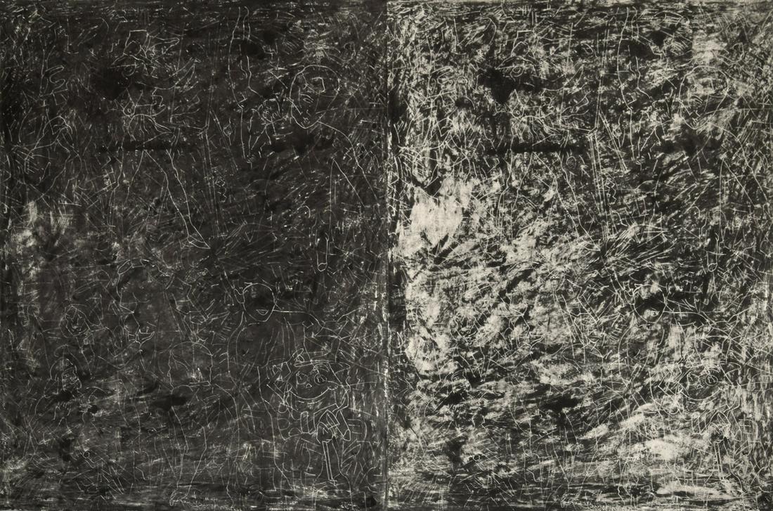 Joseph Nechvatal "Unfirm Ground II" Unique Litho: Designer & Manufacturer: Joseph Nechvatal (b. 1951) Markings/Notes: no marking(s) apparent; 1985 Country of Origin & Materials: American; lithograph printed on two overlapping sheets of paper Dimensio