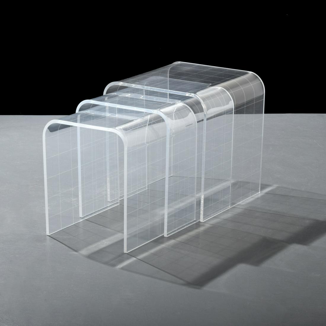 Lucite/Acrylic Nesting Tables, Manner of Charles Hollis: Designer & Manufacturer: Charles Hollis Jones, manner of Markings/Notes: no marking(s) apparent Country of Origin & Materials: unknown; Lucite or acrylic Dimensions(H,W,D): largest: 20.25"h, 19"w, 18"