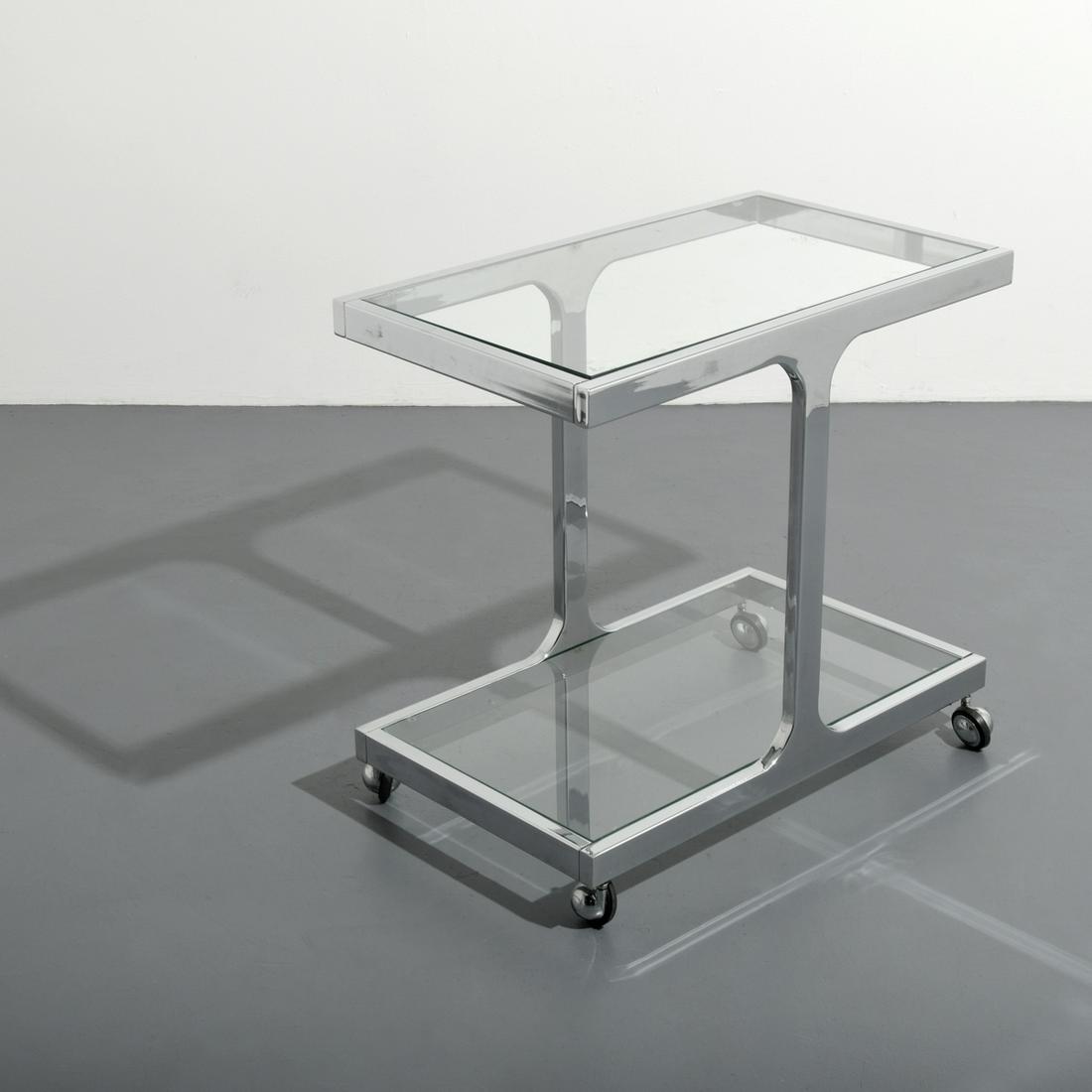 Wheeled Pierre Cardin Cart: Designer & Manufacturer: Pierre Cardin Markings/Notes: signed Country of Origin & Materials: France; chromed metal, glass Dimensions(H,W,D): 30.5"h, 32"w, 19"d Additional Information: 20th Centur
