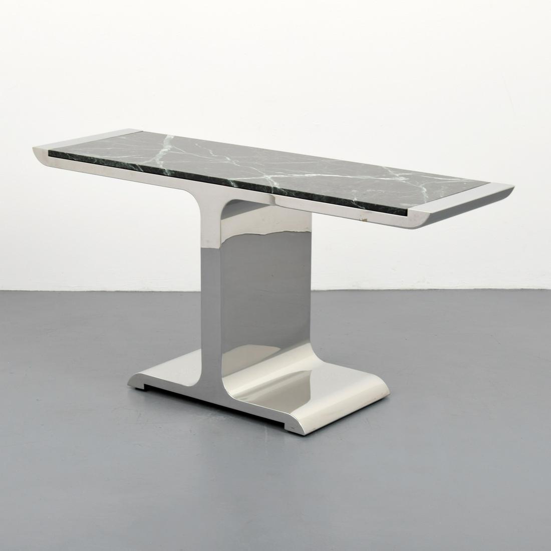 Brueton "Eagle" Console Table: Designer & Manufacturer: Brueton Markings/Notes: no marking(s) apparent Country of Origin & Materials: USA; chromed metal, marble Dimensions(H,W,D): 29.5"h, 60"w, 18"d Additional Information: 20t