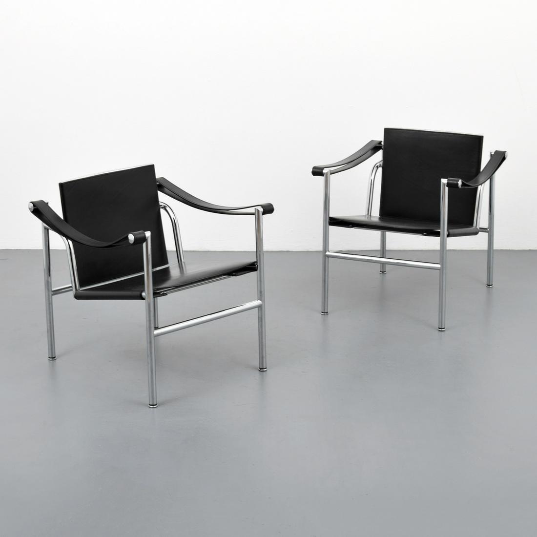Pair of Jeanneret, Perriand & Le Corbusier "LC1" Arm: Designer & Manufacturer: Pierre Jeanneret, Charlotte Perriand & Le Corbusier; Cassina Markings/Notes: signed, marking(s) Country of Origin & Materials: Italy; chromed metal, leather Dimensions(H,W,D):