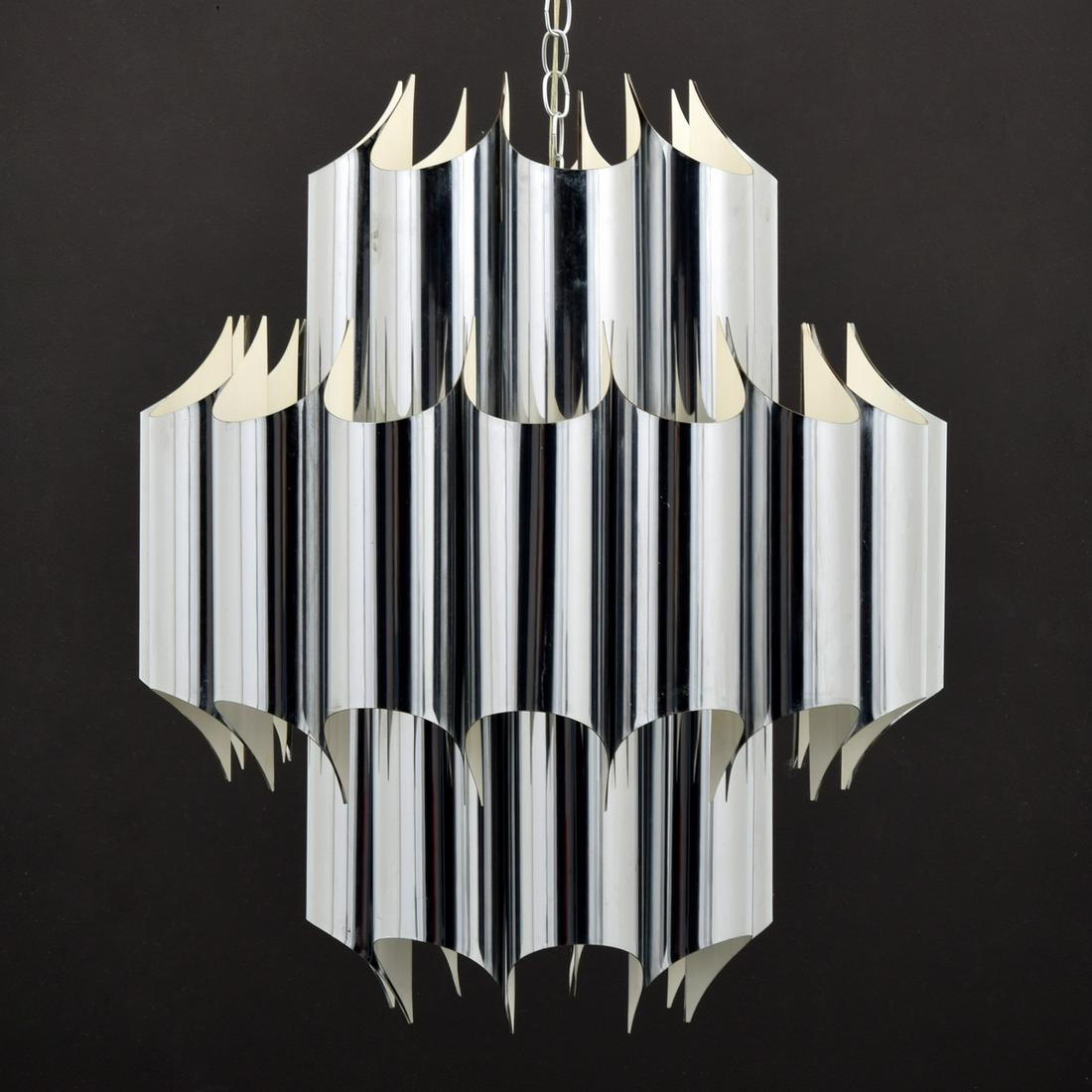Large Robert Sonneman Chandelier: Designer & Manufacturer: Robert Sonneman; Sonneman Associates, Inc. Markings/Notes: Sonneman label Country of Origin & Materials: USA; chromed metal Dimensions(H,W,D): 30"h, 24"dia Additional Informa