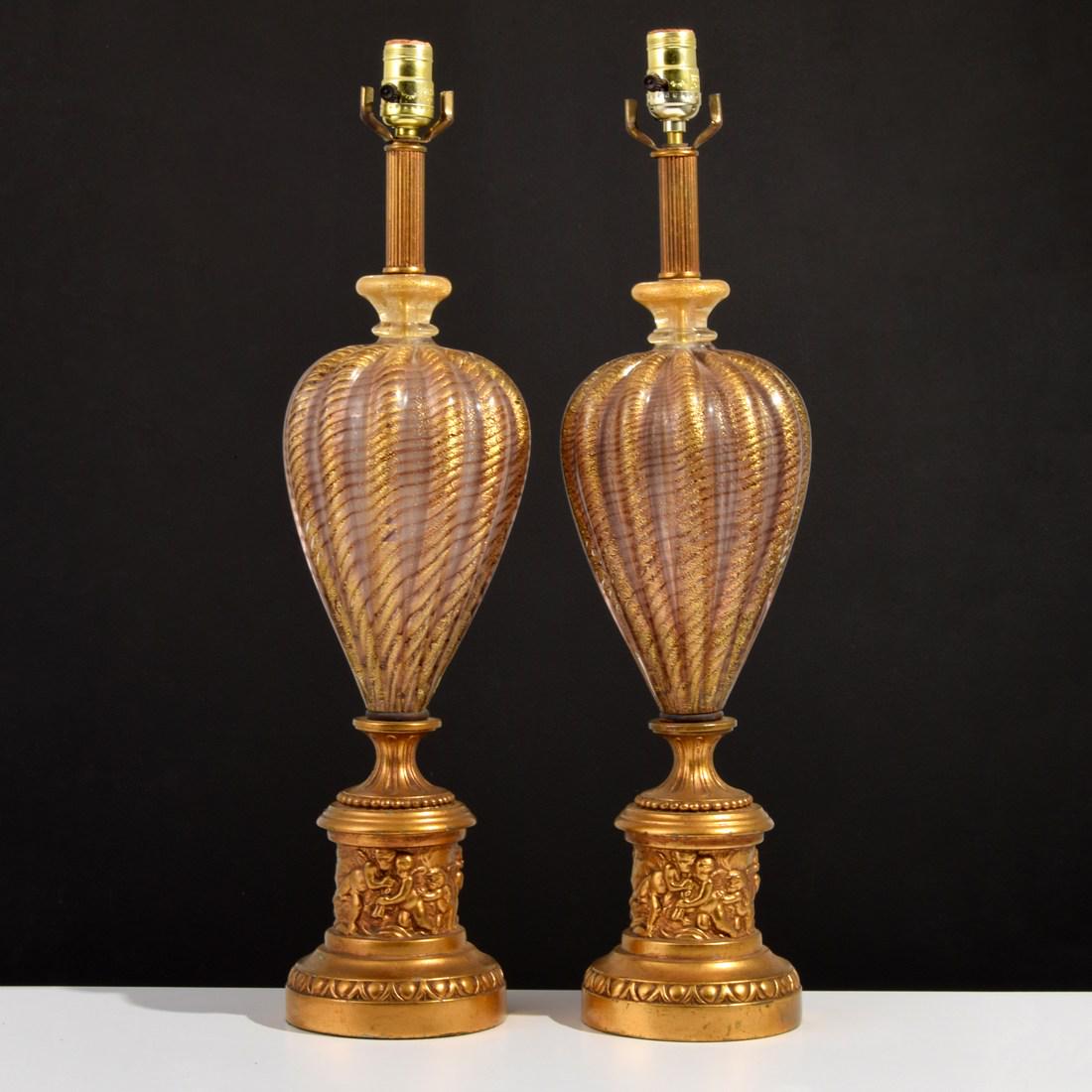 Pair of Murano Lamps, Manner of Barovier & Toso: Designer/Artist; Manufacturer: Barovier & Toso, manner of Markings/Notes: no marking(s) apparent Country of Origin & Materials: Italy; glass, metal Additional Information: Lamps have detailed cherub b