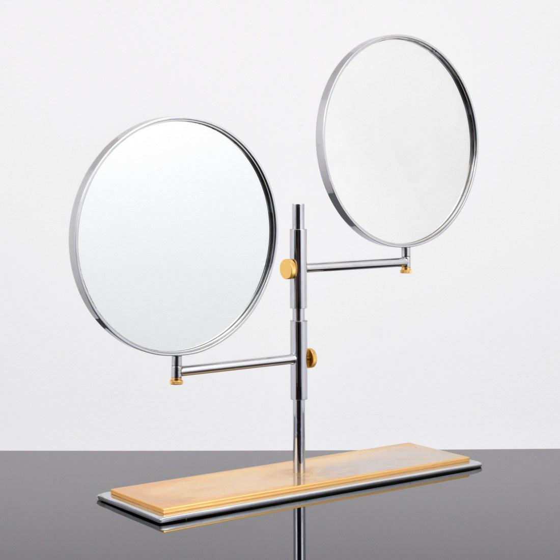 Rare Karl Springer Double Table Top Mirror: Designer/Artist; Manufacturer: Karl Springer; Karl Springer Ltd. Markings/Notes: no marking(s) apparent Country of Origin & Materials: USA; brass, chromed metal, mirrored glass Additional Information: