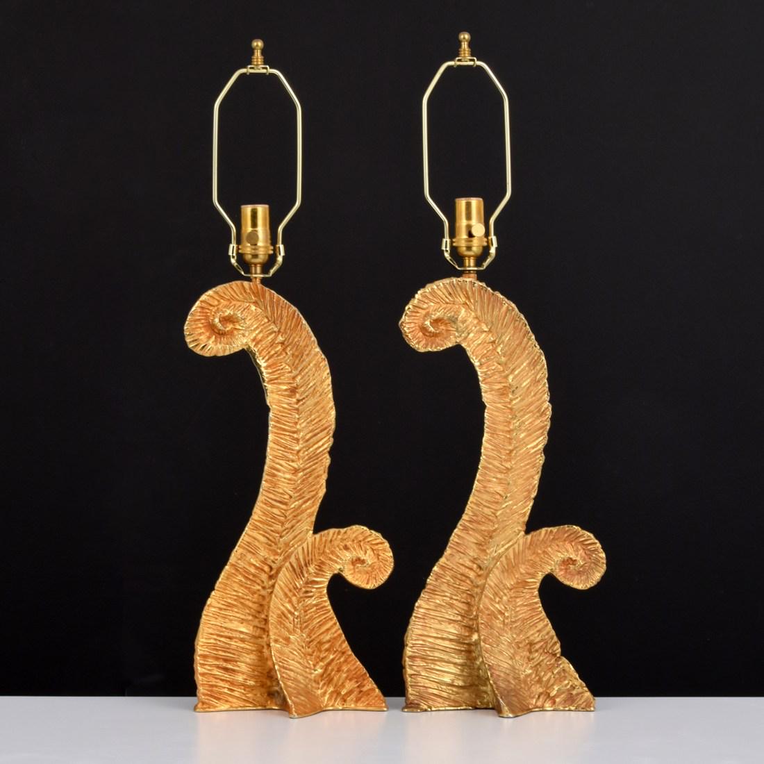 Pair of Gilt Bronze Lamps, Manner of Pierre Casenove: Designer/Artist; Manufacturer: Pierre Casenove, manner of; Fondica, manner of Markings/Notes: no marking(s) apparent Country of Origin & Materials: country of origin unknown; gilt bronze Additional In