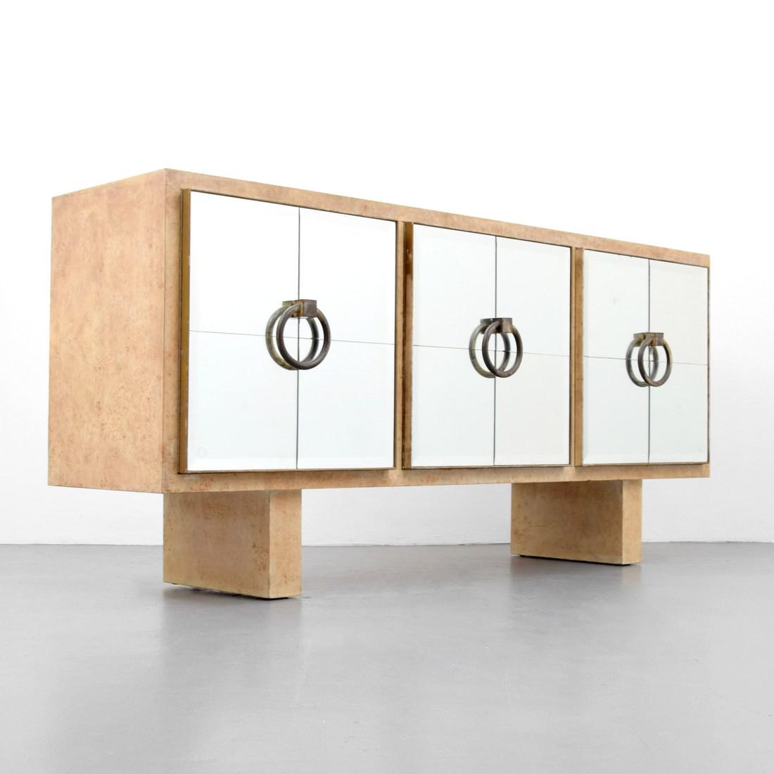 Samuel Marx Cabinet, Plotkin-Dresner Residence: Designer/Artist; Manufacturer: Samuel Marx (1902-1992); Quigley Markings/Notes: Quigley imprint Country of Origin & Materials: USA; bleached and whitewash stained burled walnut, mirror, brass Addition