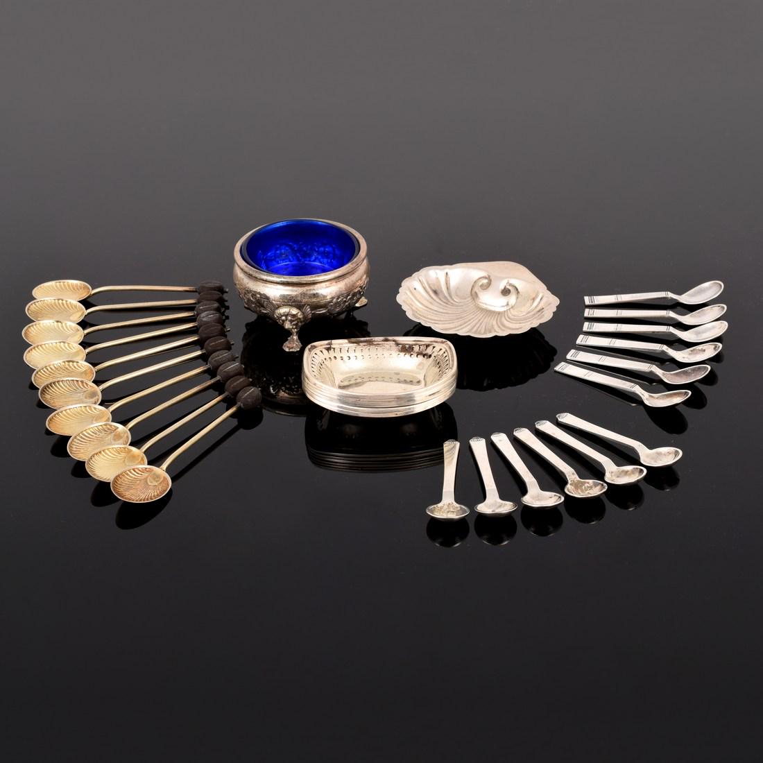 Lot of Sterling Silver Salt Spoons & Cellars: Designer/Artist; Manufacturer: various Markings/Notes: various, see detail photos Country of Origin & Materials: various; sterling silver, glass, other Additional Information: Lot includes two sets of
