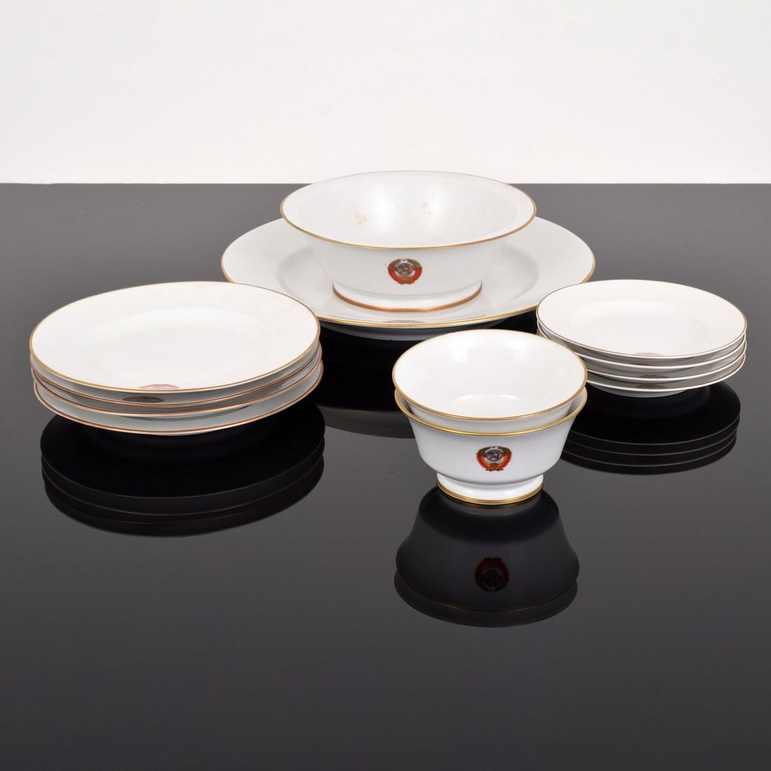 Soviet State Dinnerware, 12 Pieces: Designer/Artist; Manufacturer: unknown Markings/Notes: marking(s) Country of Origin & Materials: USSR; porcelain Additional Information: Set includes a serving platter, serving bowl, two bowls, four s