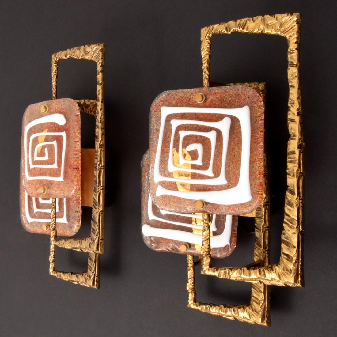 Pair of Angelo Brotto Sconces/Appliques: Designer/Artist; Manufacturer: Angelo Brotto; Esperia Markings/Notes: no marking(s) apparent Country of Origin & Materials: Italy; glass, brass Additional Information: Video preview available for all