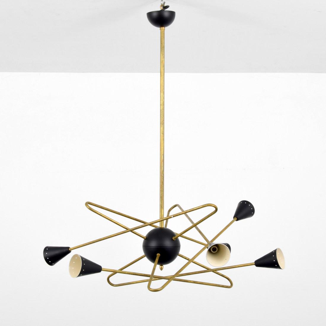 Chandelier, Manner of Gino Sarfatti: Designer/Artist; Manufacturer: Gino Sarfatti, manner of Markings/Notes: no marking(s) apparent Country of Origin & Materials: Italy; brass, enameled metal Additional Information: Chandelier has six li