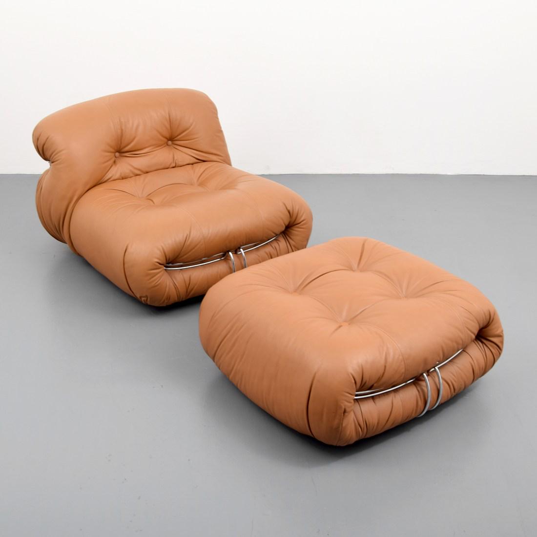 Afra & Tobia Scarpa "Soriana" Lounge Chair & Ottoman: Designer/Artist; Manufacturer: Afra & Tobia Scarpa; Cassina (made in USA by Atelier International) Markings/Notes: Cassina/Atelier International tag Country of Origin & Materials: USA; leather, chrome
