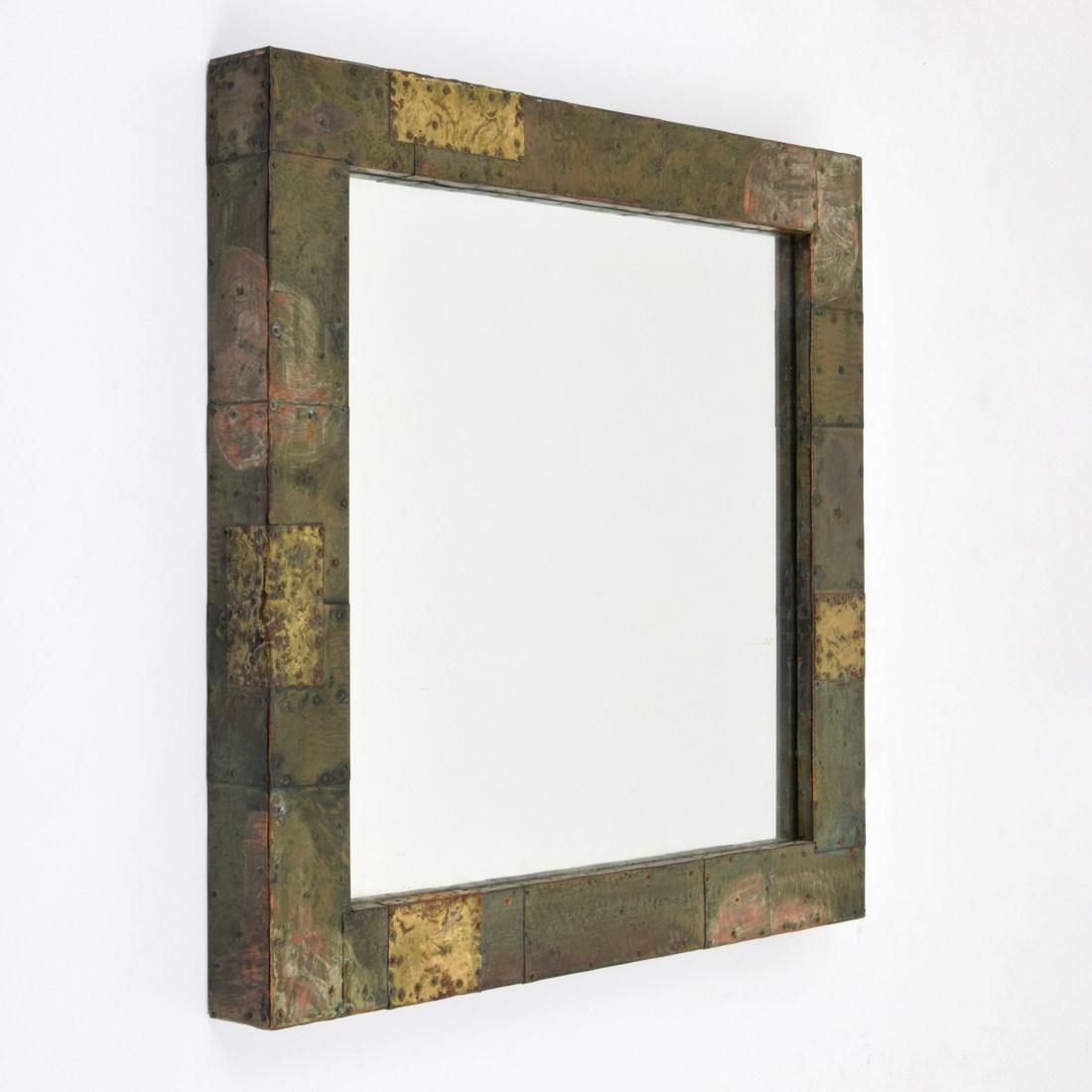 Paul Evans Patchwork Metal Mirror: Designer/Artist; Manufacturer: Paul Evans; Paul Evans Studio for Directional Markings/Notes: no marking(s) apparent Country of Origin & Materials: USA; welded and enameled steel and copper, mirrored g