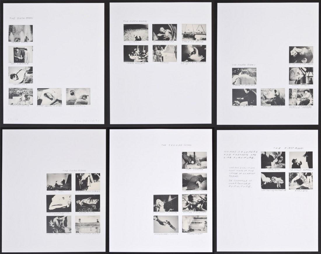 John Baldessari "Six Rooms" Suite of 6 Lithographs: Designer/Artist; Manufacturer: John Baldessari (b. 1931) Markings/Notes: signed; ed. 57/150 (all); 1993 Country of Origin & Materials: American; color offset lithograph with varnish & handwritten type