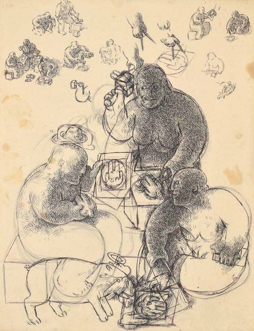 Tom Otterness Drawing: Designer/Artist; Manufacturer: Tom Otterness (b. 1952) Markings/Notes: marking(s); 1985 Country of Origin & Materials: American; pencil and ink on paper Additional Information: Work is titled "New Pla