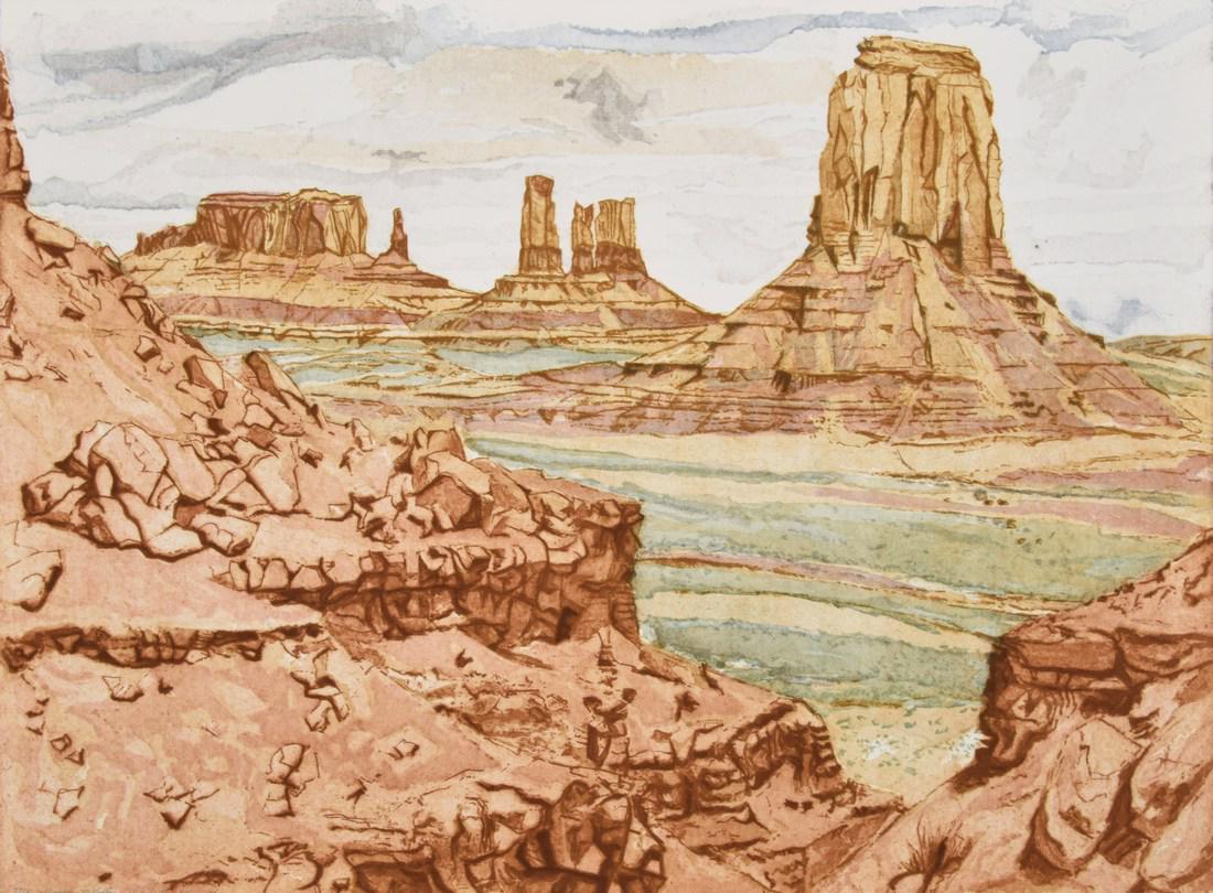 Philip Pearlstein "Monument Valley" Aquatint, Signed: Designer/Artist; Manufacturer: Philip Pearlstein (b. 1924) Markings/Notes: signed; ed. 37/41; 1981 Country of Origin & Materials: American; color sugarlift aquatint and etching Additional Information: