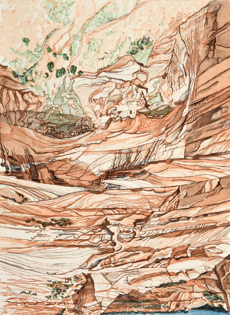 Philip Pearlstein "Mummy Cave" Etching, Signed Edition: Designer/Artist; Manufacturer: Philip Pearlstein (b. 1924) Markings/Notes: signed; ed. 19/41; 1980 Country of Origin & Materials: American; four-color line etching and aquatint with sugarlift Addition