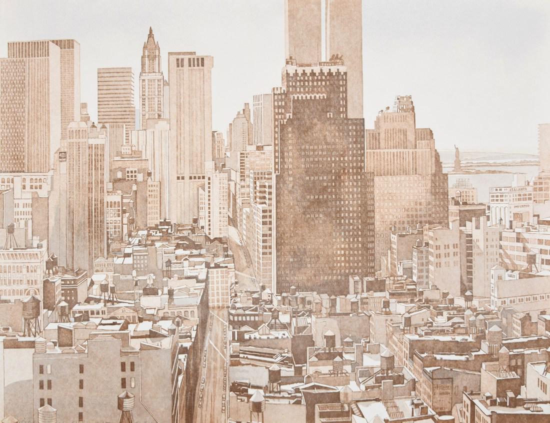 Large Philip Pearlstein "View Over Soho" Aquatint,: Designer/Artist; Manufacturer: Philip Pearlstein (b. 1924) Markings/Notes: signed; AP for the edition of 41; 1978 Country of Origin & Materials: American; aquatint printed in two colors Additional Inf