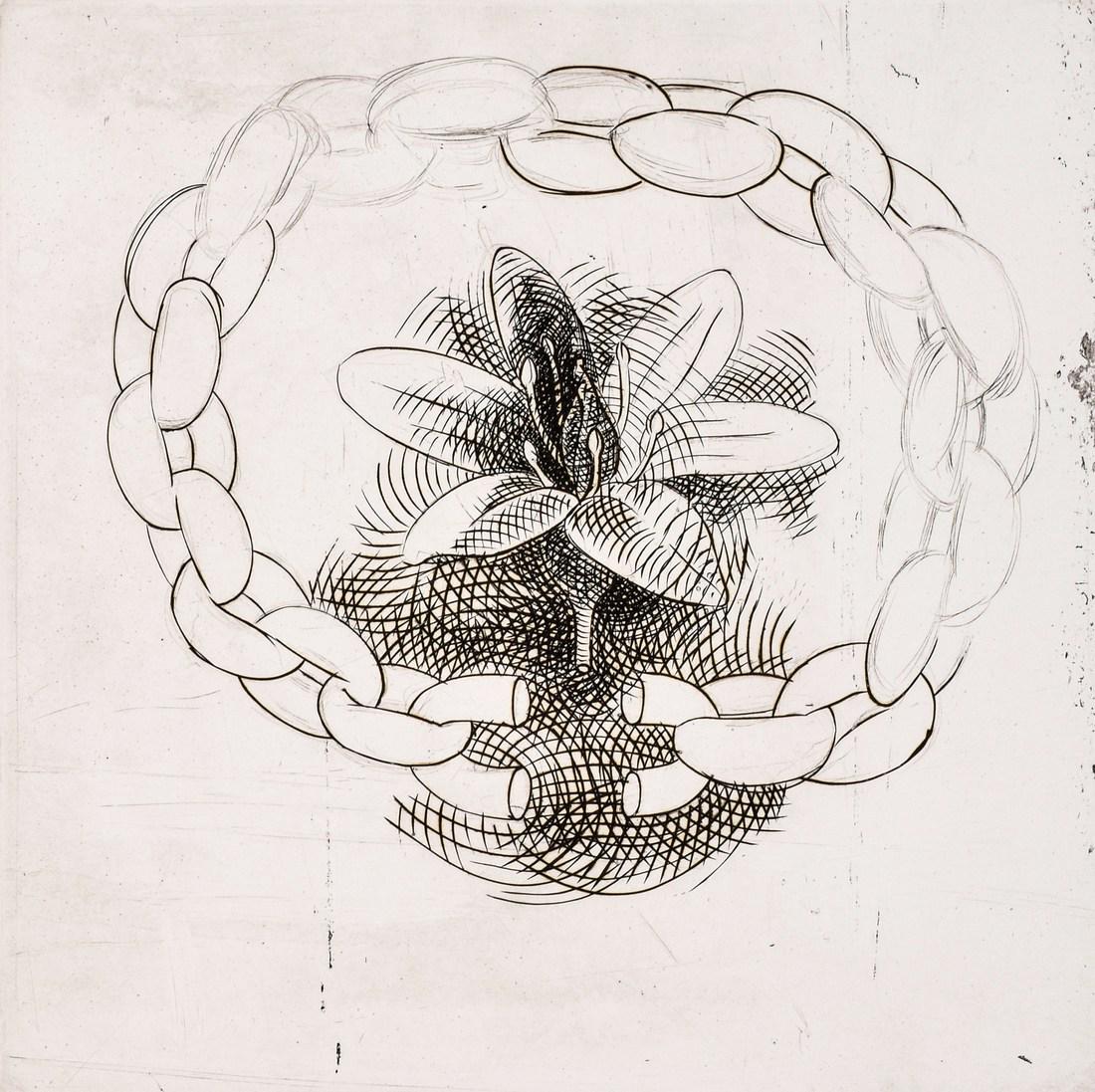 Tom Otterness "Chain and Flower" Engraving, Signed Ed.: Designer/Artist; Manufacturer: Tom Otterness (b. 1952) Markings/Notes: signed; BAT State I for the edition of 10; 1993 Country of Origin & Materials: American; engraving and drypoint Additional Inform