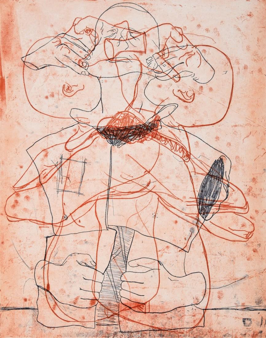 Marc Quinn Etching, Signed Edition: Designer/Artist; Manufacturer: Marc Quinn (b. 1964) Markings/Notes: signed; ed. 22/30; 1995 Country of Origin & Materials: English; etching in red and blue on white paper Additional Information: Prove