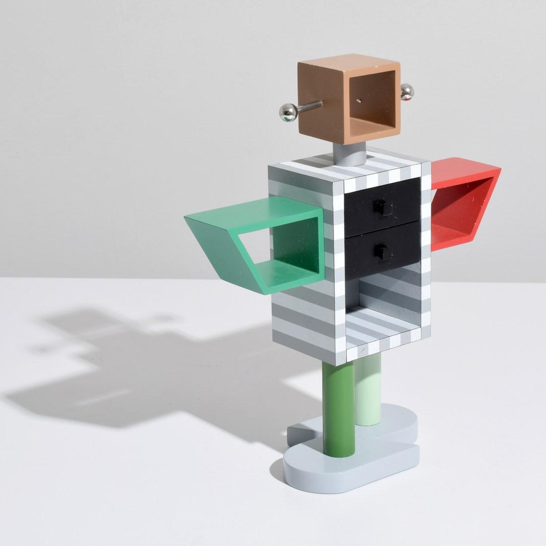 Masanori Umeda Miniature "Ginza Robot" Cabinet: Designer/Artist; Manufacturer: Masanori Umeda; Memphis Markings/Notes: signed, Memphis authenticity stamp; ed. 288/500; 1982 Country of Origin & Materials: Japan/Italy; lacquered wood, laminate, alumi