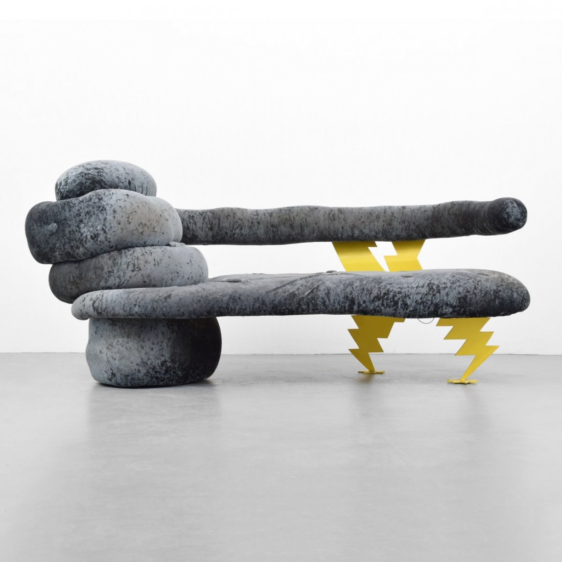 Memphis-Style Bolt Sofa, Manner of Ettore Sottsass: Designer/Artist; Manufacturer: Ettore Sottsass, manner of Markings/Notes: no marking(s) apparent Country of Origin & Materials: country of origin unknown; metal, upholstery Additional Information: Sof