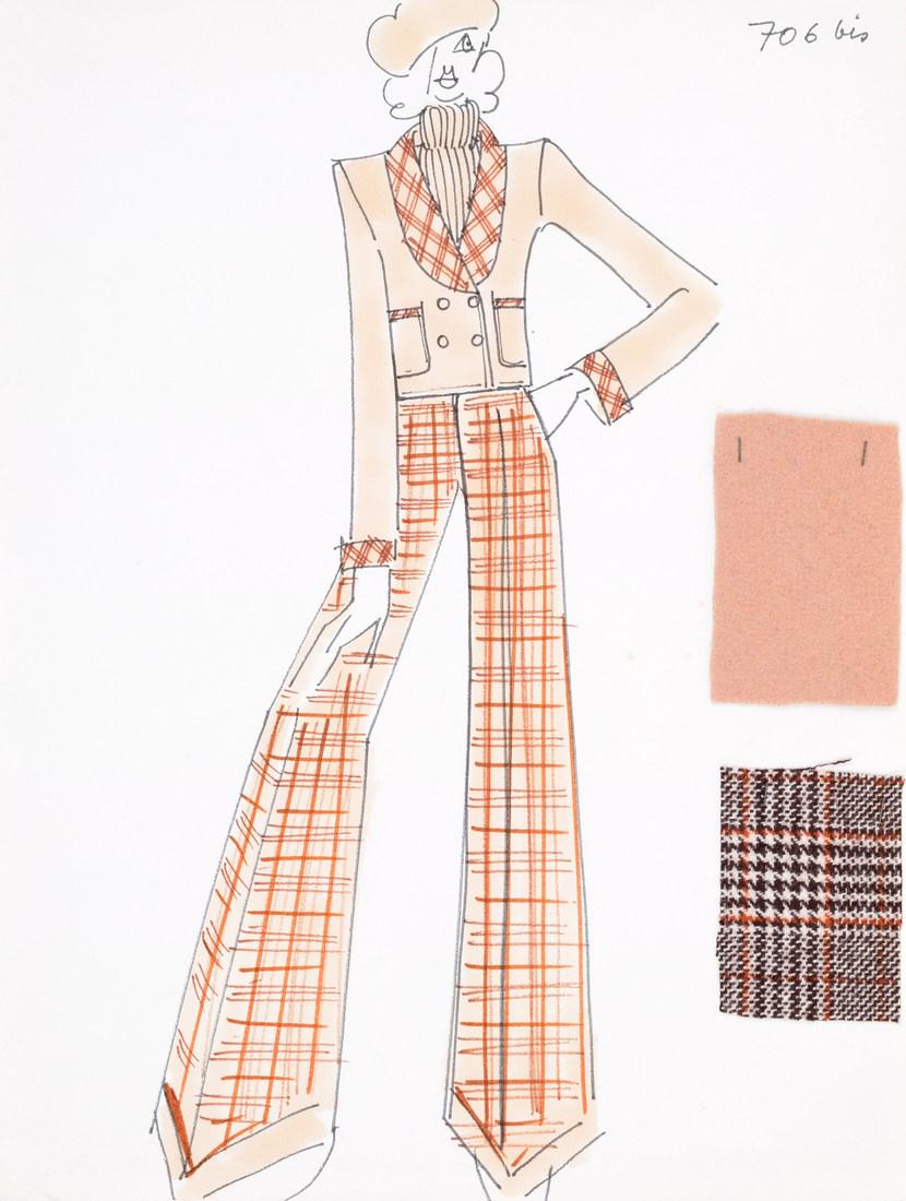 Karl Lagerfeld Fashion Drawing: Designer/Artist; Manufacturer: Karl Lagerfeld (1933-2019) Markings/Notes: markings Country of Origin & Materials: German; paper, fabric samples Additional Information: Fashion design sketch by Karl La