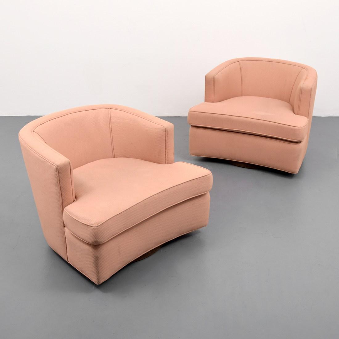 Pair of Harvey Probber Swivel Lounge Chairs: Designer/Artist; Manufacturer: Harvey Probber Markings/Notes: no marking(s) apparent Country of Origin & Materials: USA; wood, upholstery Additional Information: Video preview available for all lots i