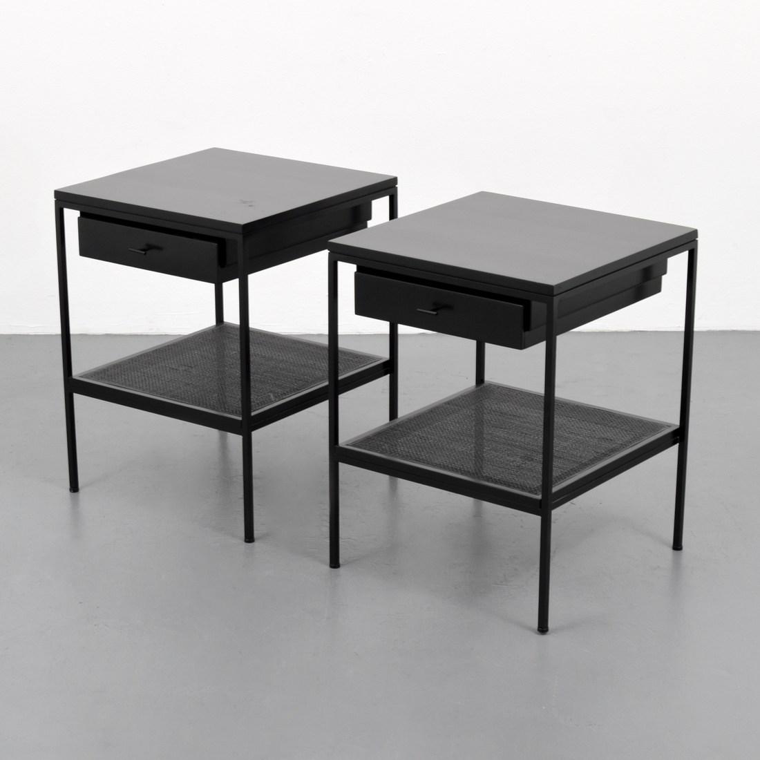 Pair of Paul McCobb Nightstands/Tables: Designer/Artist; Manufacturer: Paul McCobb; Calvin Markings/Notes: no marking(s) apparent Country of Origin & Materials: USA; wood, metal, caning Additional Information: Each table/nightstand has one 