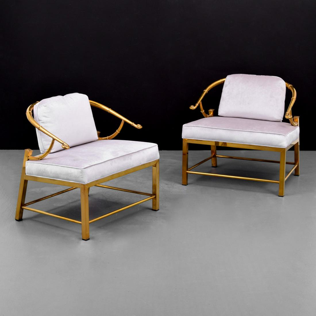 Pair of Charles Pengally Arm Chairs: Artist/Designer; Manufacturer: Charles Pengally; Weiman and Co. or Mastercraft Marking(s); notes: no marking(s) apparent Country of origin; materials: USA; brass, upholstery Description: This design w