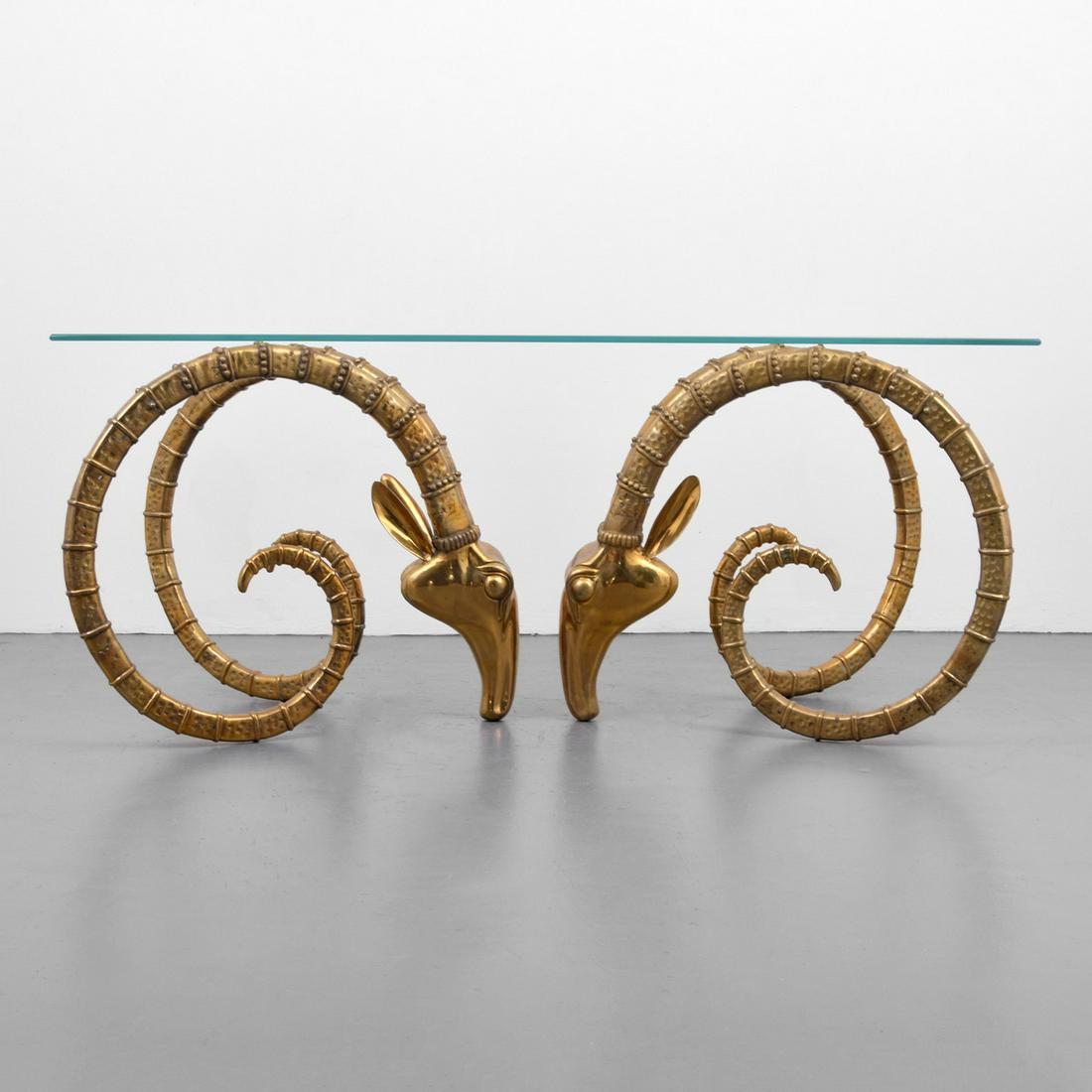 Ibex Dining Table, Manner of Alain Chervet: Artist/Designer; Manufacturer: Alain Chervet, manner of Marking(s); notes: no marking(s) apparent; circa 1950 Country of origin; materials: country of origin unknown; brass, glass Description: Tables 