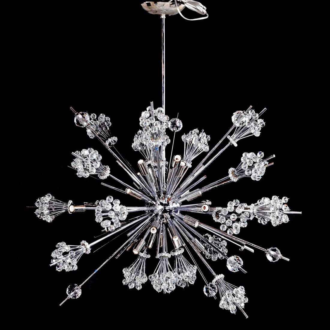 Large Sputnik 36" Dia Chandelier, Manner of Emil: Artist/Designer; Manufacturer: Emil Stejnar, manner of Marking(s); notes: no marking(s) apparent Country of origin; materials: country of origin unknown; chromed metal, crystal Description: "Dwell on 