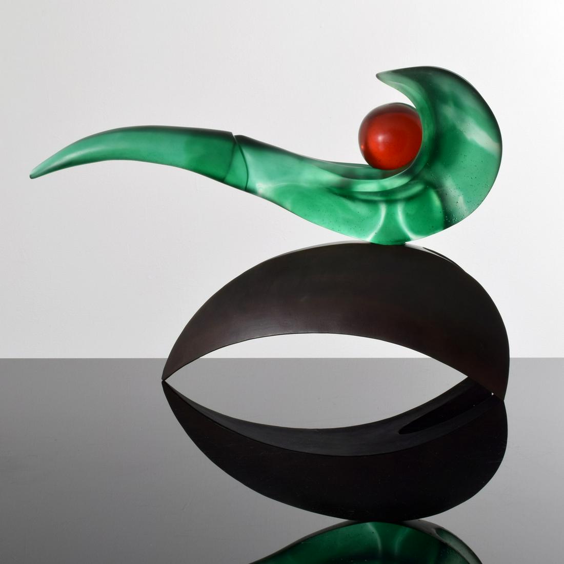 Large Brian Russell Abstract Glass Sculpture: Artist/Designer; Manufacturer: Brian Russell (b. 1961) Marking(s); notes: signed; 2005 Country of origin; materials: American; crystal, silicon bronze Description: "Glass is the most magical of all ma