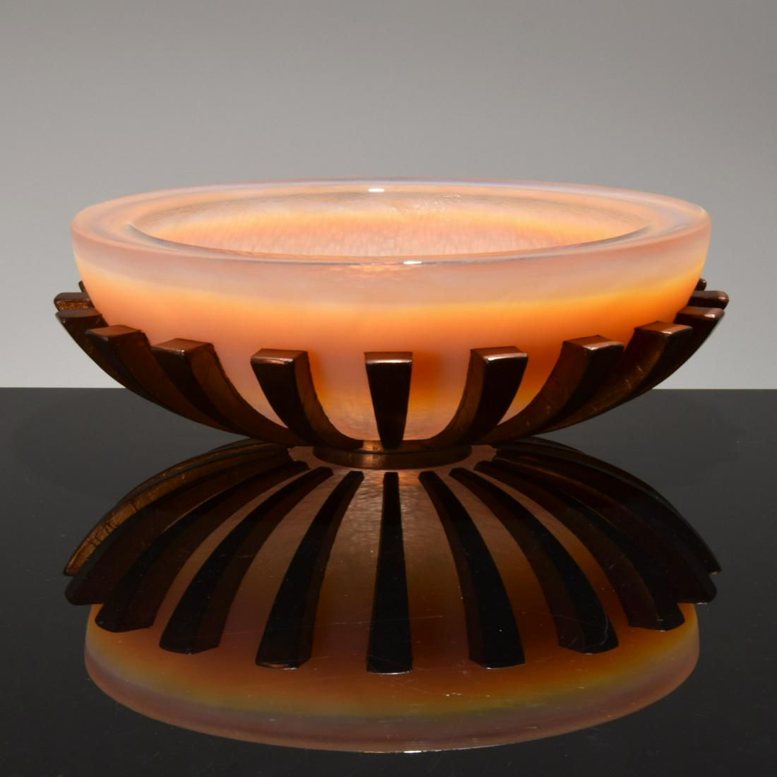 Large George Bucquet Glass "Ribbed Bowl" Sculpture: Artist/Designer; Manufacturer: George Bucquet (b. 1954) Marking(s); notes: signed; 2006 Country of origin; materials: American; cast glass, copper, metal leaf Description: "Glass is the most magical o