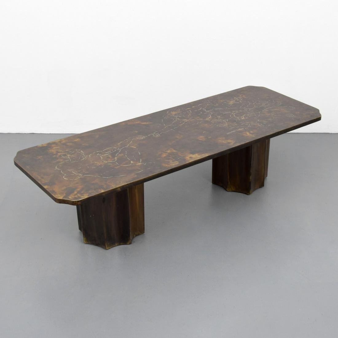 Large Philip & Kelvin Laverne "Creation" Coffee Table: Artist/Designer; Manufacturer: Philip LaVerne (American, 1908-1988), Kelvin LaVerne (American, b. 1936) Marking(s); notes: signed Country of origin; materials: USA; acid-etched brass Description: Rawn