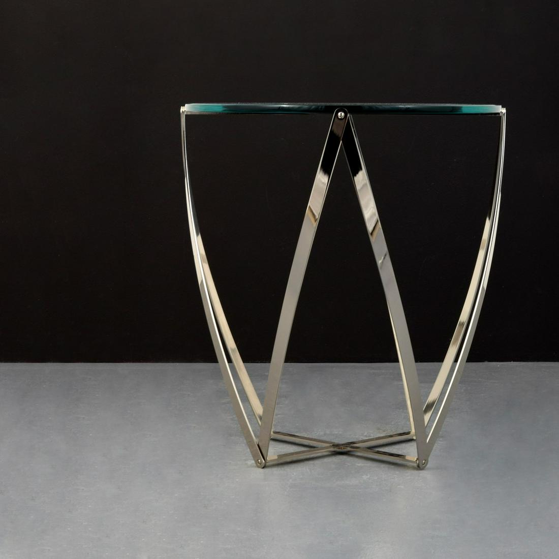 John Vesey Side Table: Artist/Designer; Manufacturer: John Vesey Marking(s); notes: no marking(s) apparent Country of origin; materials: USA; chromed metal, glass Dimensions (H, W, D): 27"h, 24.5"dia Additional Information: