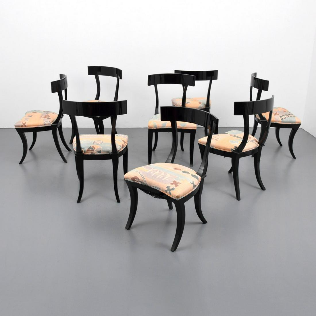 Set of 8 Klismos Dining Chairs Attr. to Tommi Parzinger: Artist/Designer; Manufacturer: Tommi Parzinger, attributed; Parzinger Originals, attributed Marking(s); notes: no marking(s) apparent Country of origin; materials: USA; wood, upholstery Dimensions (H,