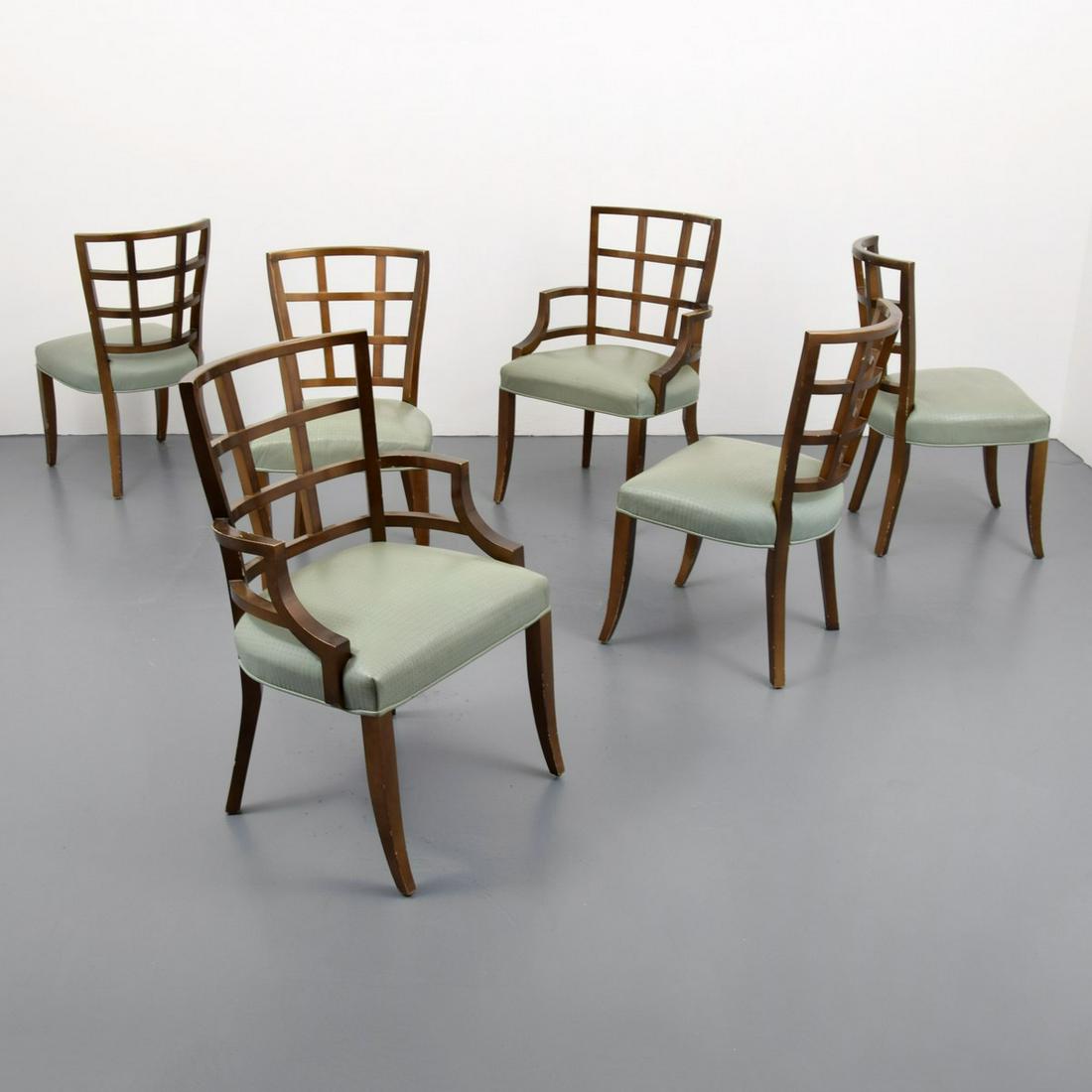 Custom Jay Spectre Lattice Back Chairs, Set of 6: Artist/Designer; Manufacturer: Jay Spectre Marking(s); notes: designer's delivery ticket beneath Country of origin; materials: USA; wood, stamped leather Dimensions (H, W, D): arm chairs: 36.5"h, 23.5