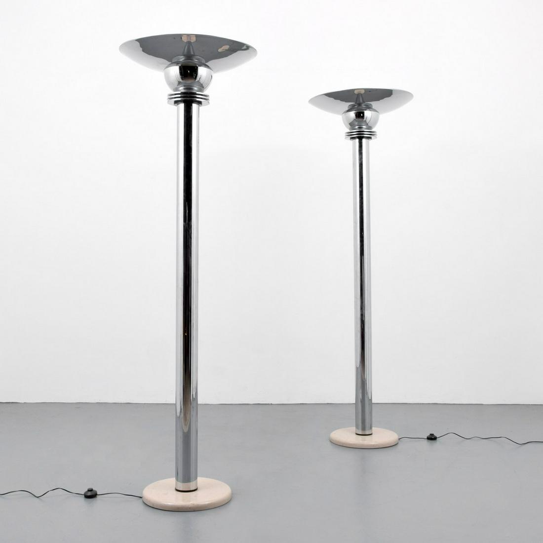 Monumental Pair of Jay Spectre Torchieres/Floor Lamps: Artist/Designer; Manufacturer: Jay Spectre Marking(s); notes: no marking(s) apparent Country of origin; materials: USA; chromed metal, marble Dimensions (H, W, D): 80"h, 24"dia Additional Information: