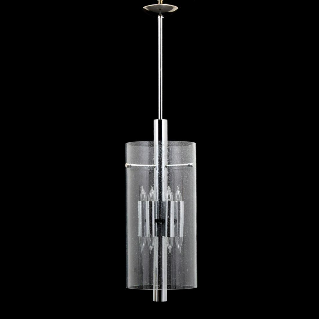Large Brass Pendant Light, Manner of Fontana Arte: Artist/Designer; Manufacturer: Fontana Arte, manner of Marking(s); notes: no marking(s) apparent Country of origin; materials: Italy; glass, chromed metal Dimensions (H, W, D): 50"h, 11.5"dia Addition