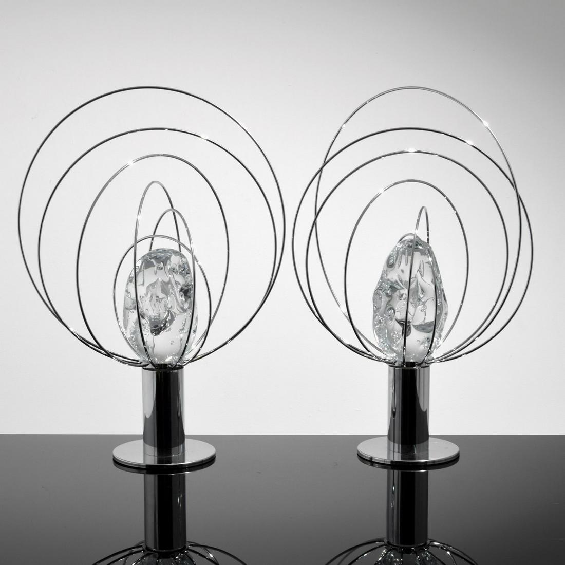 Pair of Large Angelo Brotto "Barnaba" Lamps, Murano: Artist/Designer; Manufacturer: Angelo Brotto; Esperia Marking(s); notes: Esperia label Country of origin; materials: Italy; chromed steel, glass Dimensions (H, W, D): 27"h, 19.5"w, 15"d Additional Inf