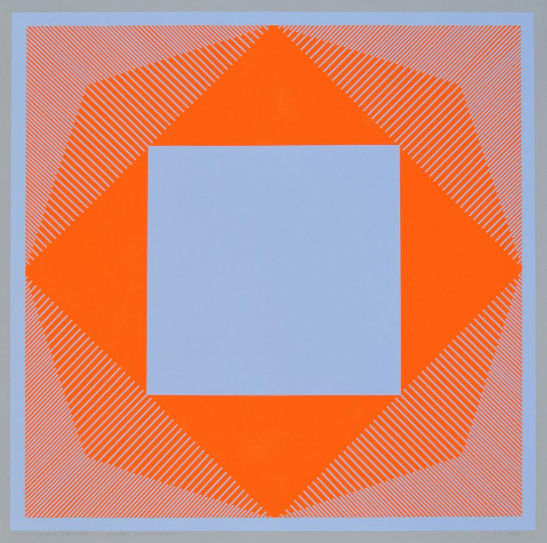 Richard Anuszkiewicz Op Art Screenprint, Signed: Artist/Designer; Manufacturer: Richard Anuszkiewicz (1930-2020) Marking(s); notes: signed, marking(s); 1965 Country of origin; materials: American; screenprint on heavy paper Dimensions (H, W, D): 22"