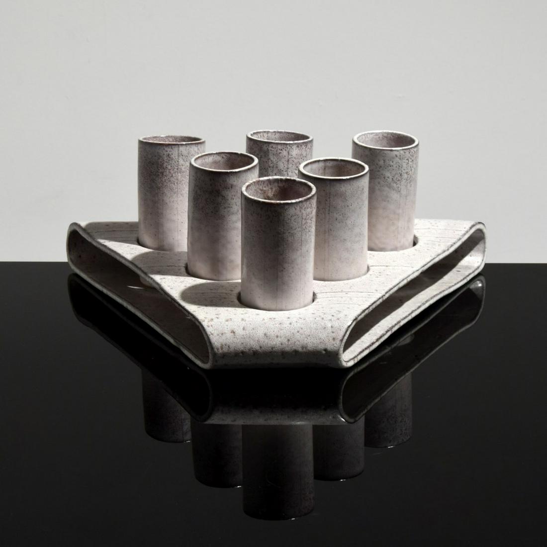 Alessio Tasca Tray & 6 Cups: Artist/Designer; Manufacturer: Alessio Tasca (b. 1929) Marking(s); notes: marking(s) Country of origin; materials: Italian; ceramic Dimensions (H, W, D): cups: 5"h, 2.25"dia; tray: 1.75"h, 14.5"w, 10.